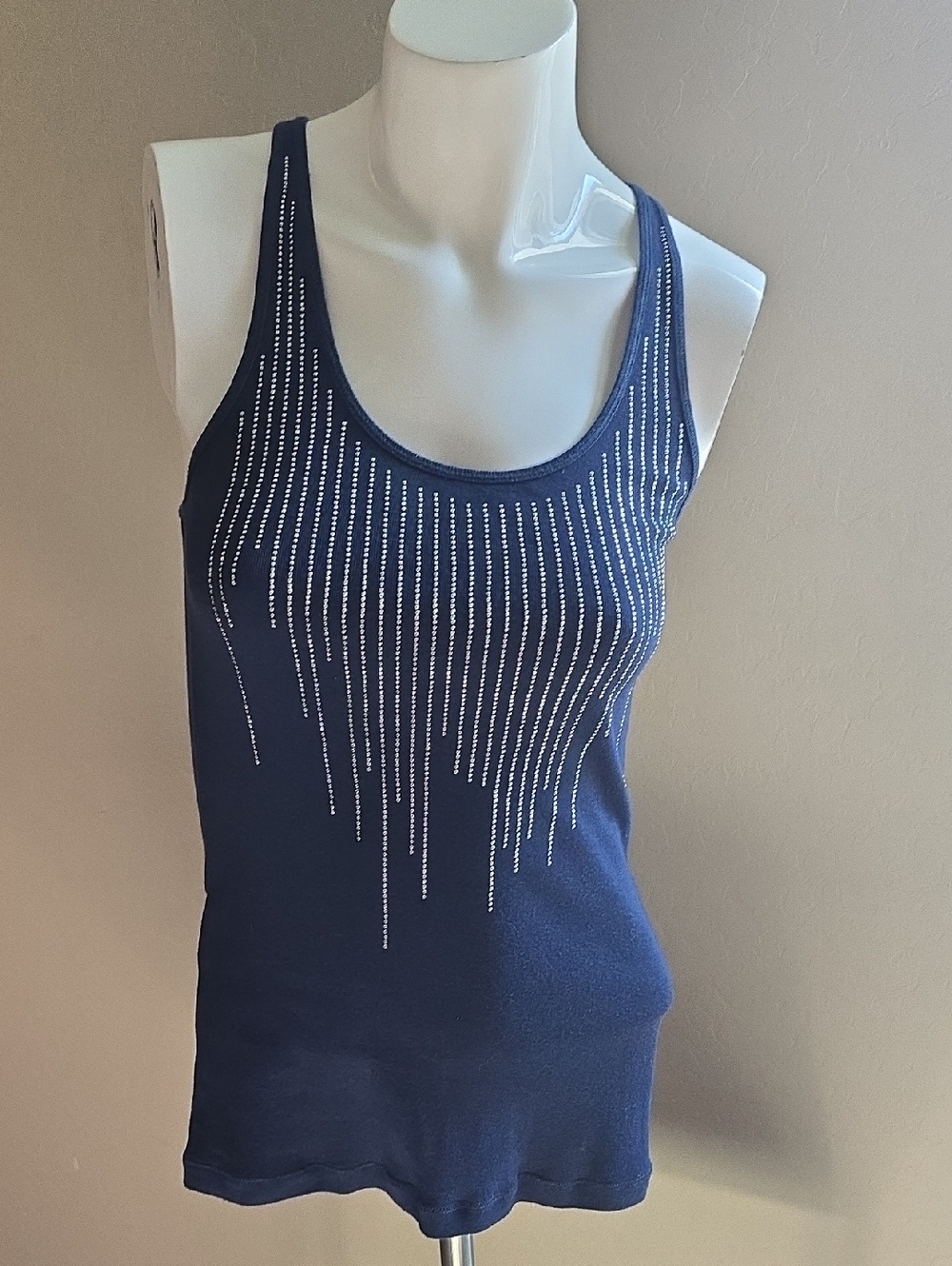 Navy Rhinestone Scoop Neck Tank Top